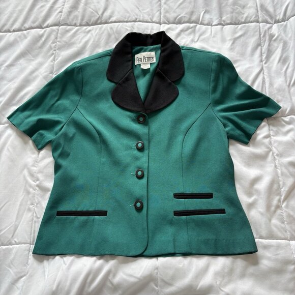 Vintage 80s 90s Blazer Womens Size 10P Blue Teal Buttons Short Sleeve Collared - Picture 1 of 7